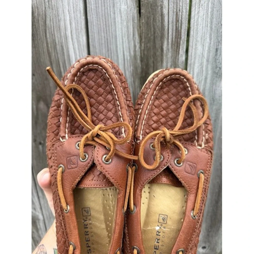 Coastal Preppy Sperry Top-Sider Boat Shoes 7.5 Brown Woven Leather Loafers